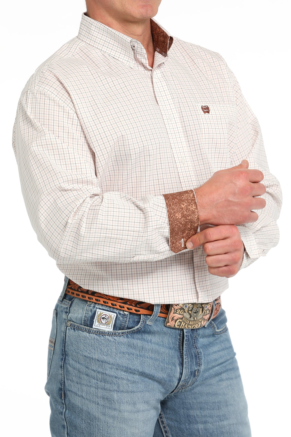 Cinch Men's White, Tan & Brown Square Stripe Western Shirt