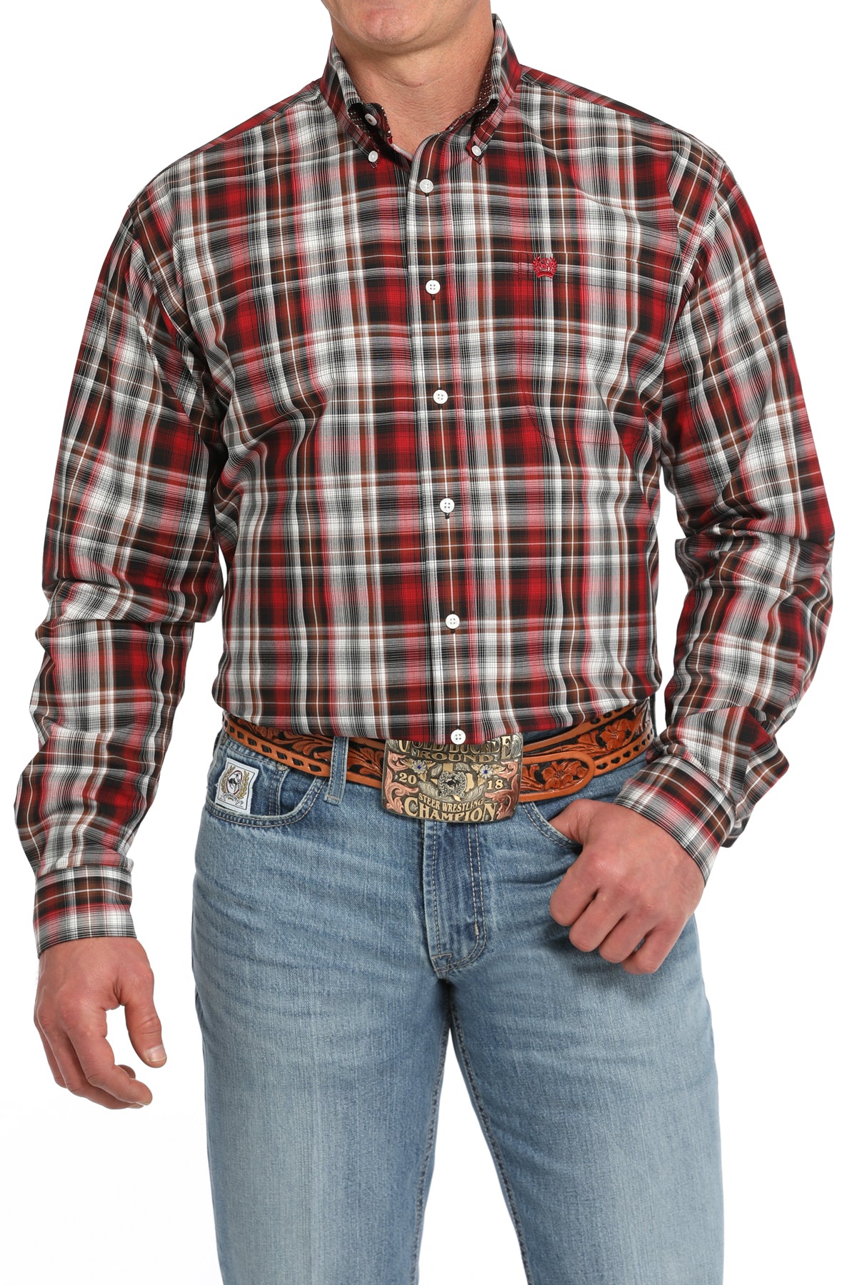 Cinch Men's Red, Brown & White Plaid Western Shirt