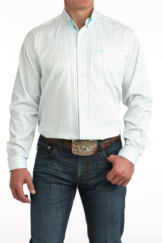 Cinch Men's Tencel White & Light Blue Stripe Western Shirt