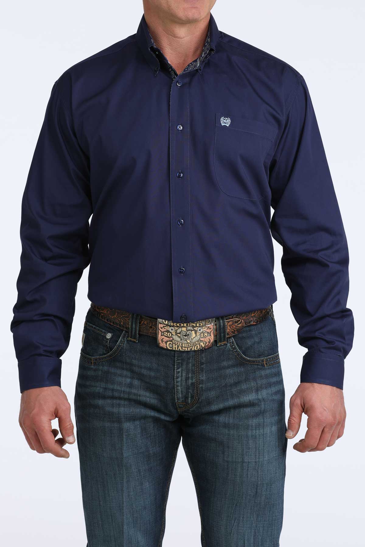Cinch Men's Big & Tall Solid Royal Blue Yellow Print Trim Western Shirt