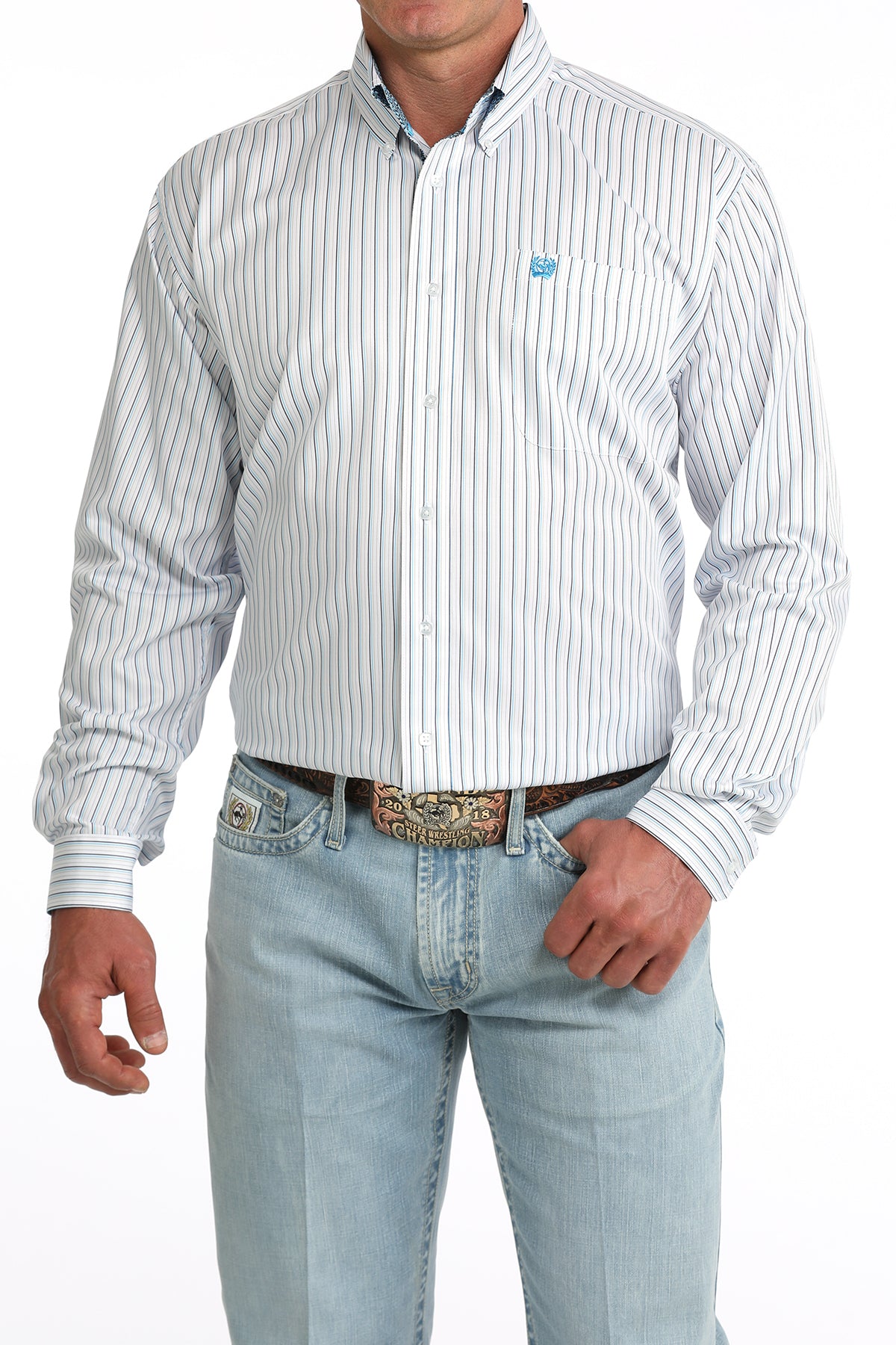Cinch Men's Big & Tall Tencel Blue Gray & White Stripe Western Shirt