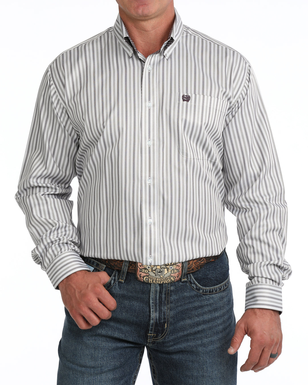 Cinch Men's Tencel Steel Gray & Plum Stripe Western Shirt