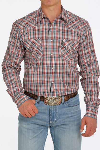 Cinch Men's Maroon, Orange, & Navy Plaid Western Shirt