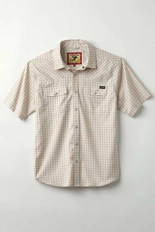 Cinch Men's White & Tan Plaid Camp Short Sleeve Western Shirt