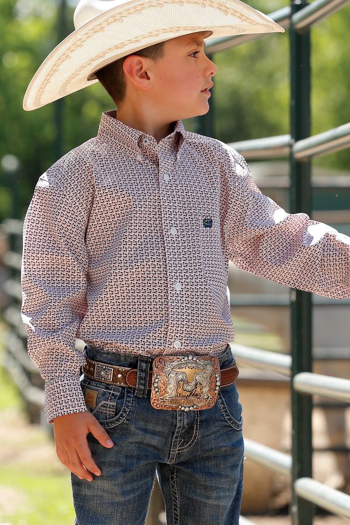 Cinch Boy's Light Pink & Navy Triangle Western Shirt