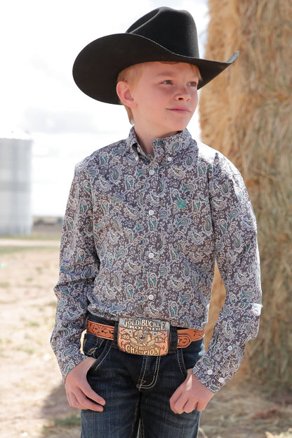 Cinch Boy's Gray & Teal Paisley Western Shirt