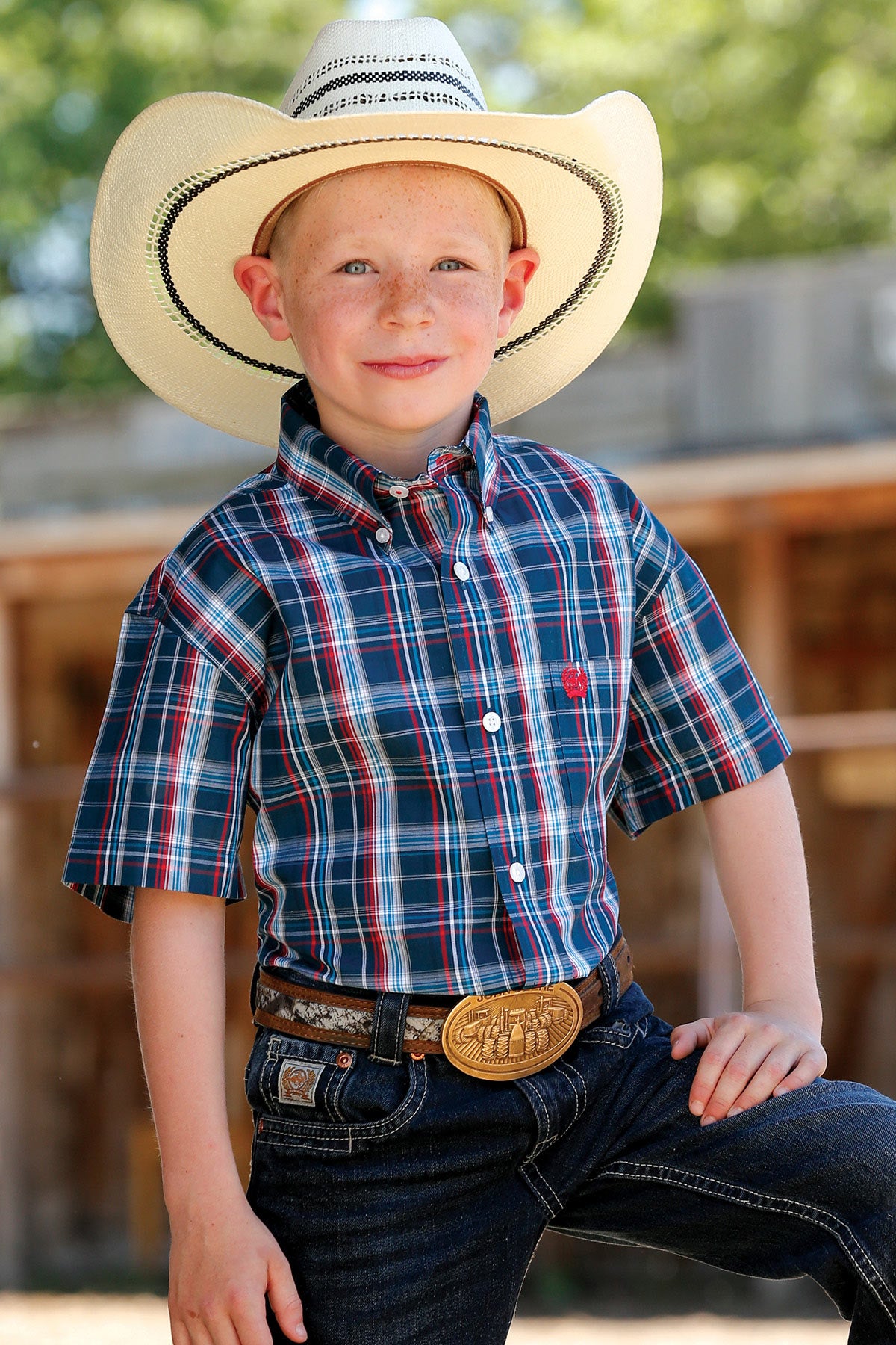 Cinch Boy's Navy, Red, & White Short Sleeve Western Shirt