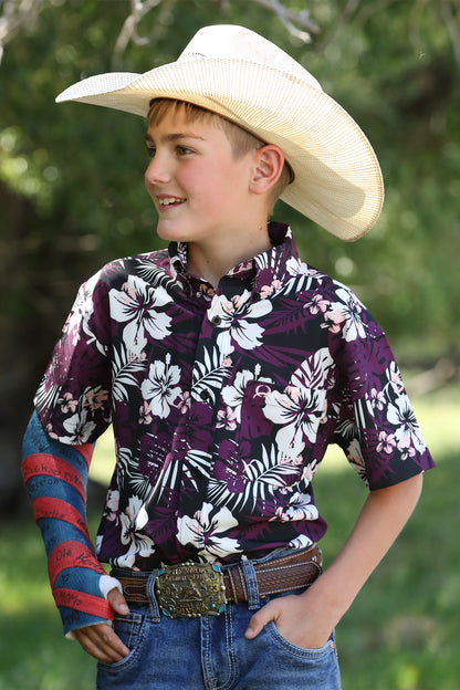 Cinch Boy's ArenaFlex Mulberry Hawaiian Short Sleeve Western Shirt