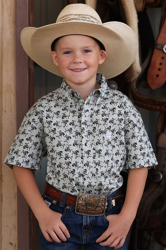 Cinch Boy's Grey Bronc Print Short Sleeve Western Shirt
