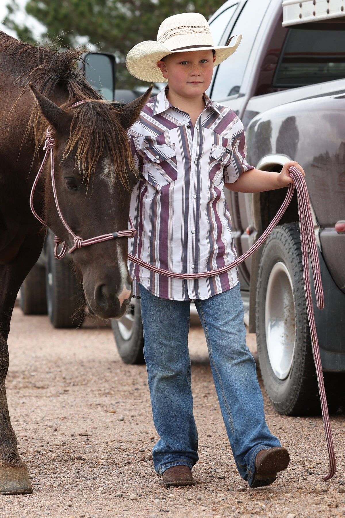 Cinch Boy's White Retro Stripe Short Sleeve Western Shirt