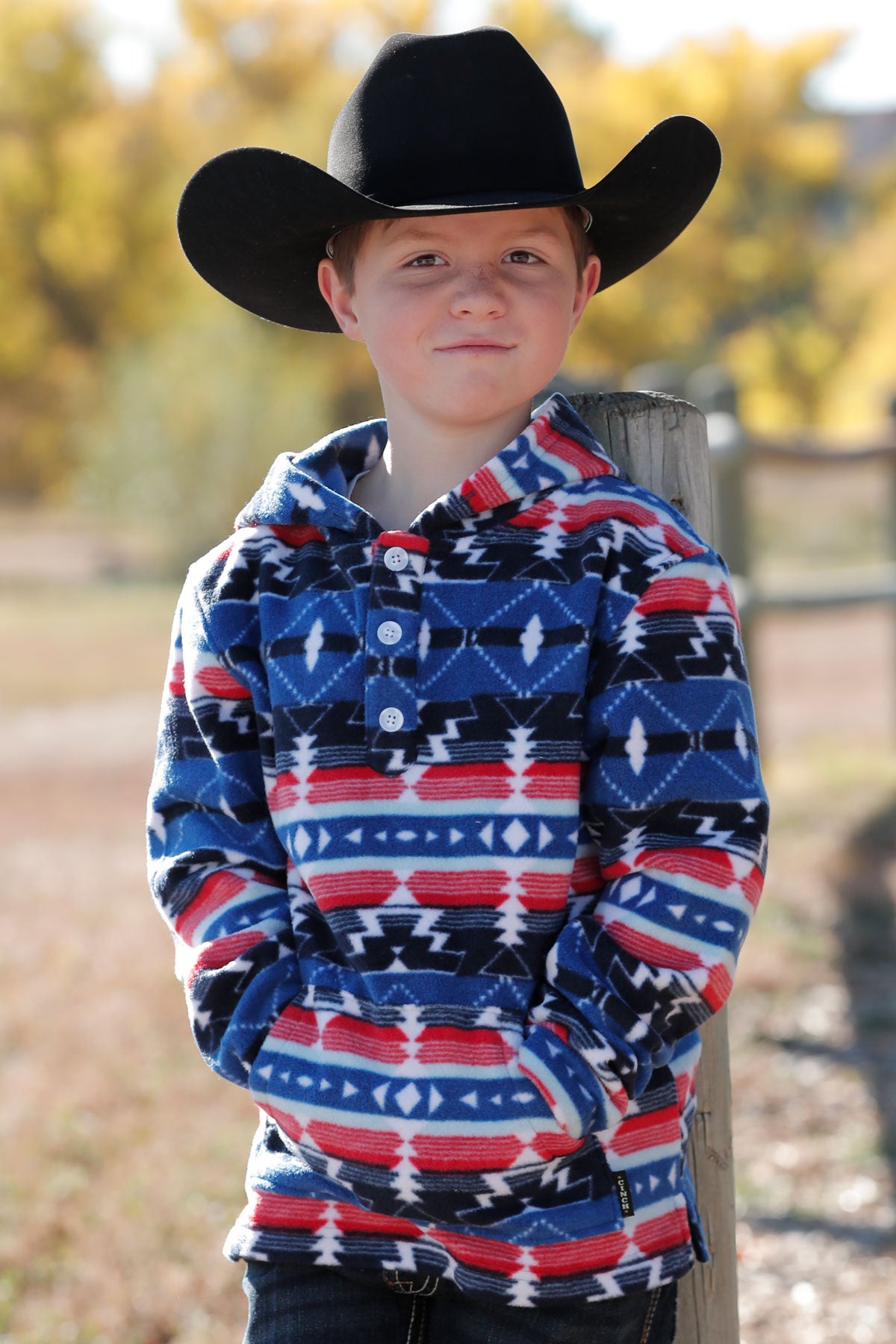 Cinch Boy's Red & Blue Polar Fleece Hooded Quarter Button Pullover