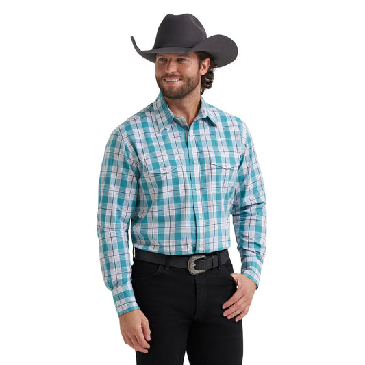 Wrangler Men's Teal Coastal Ridge Plaid Wrinkle Resist Western Snap Shirt