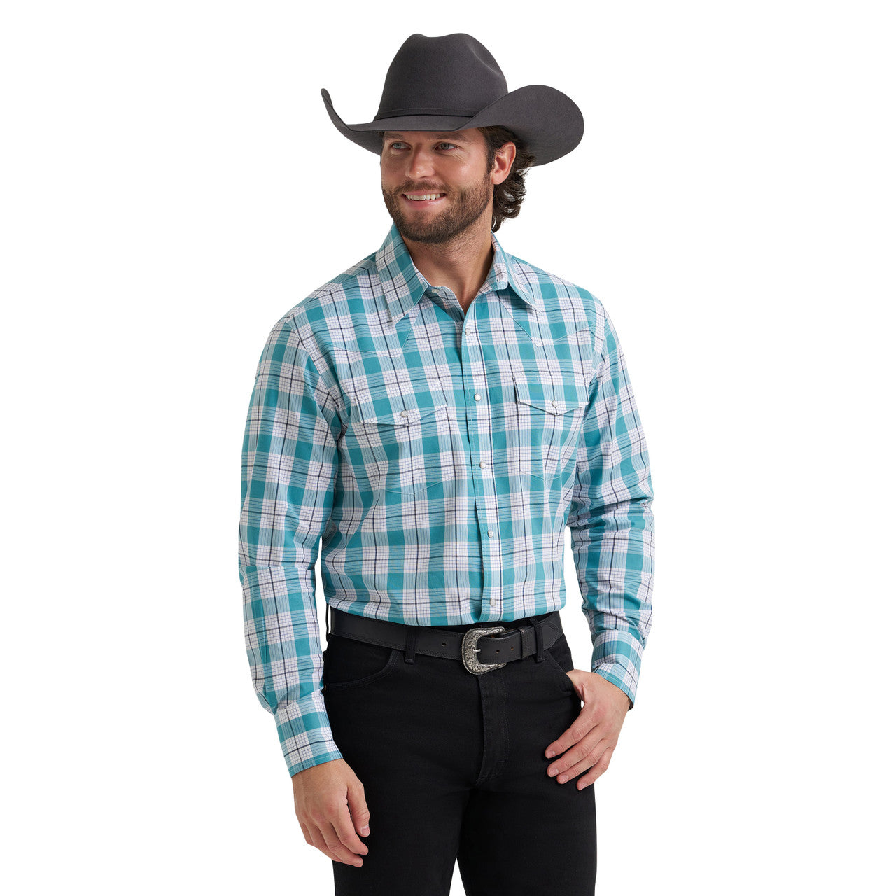Wrangler Men's Big & Tall  Teal Coastal Ridge Plaid Wrinkle Resist Snap Shirt