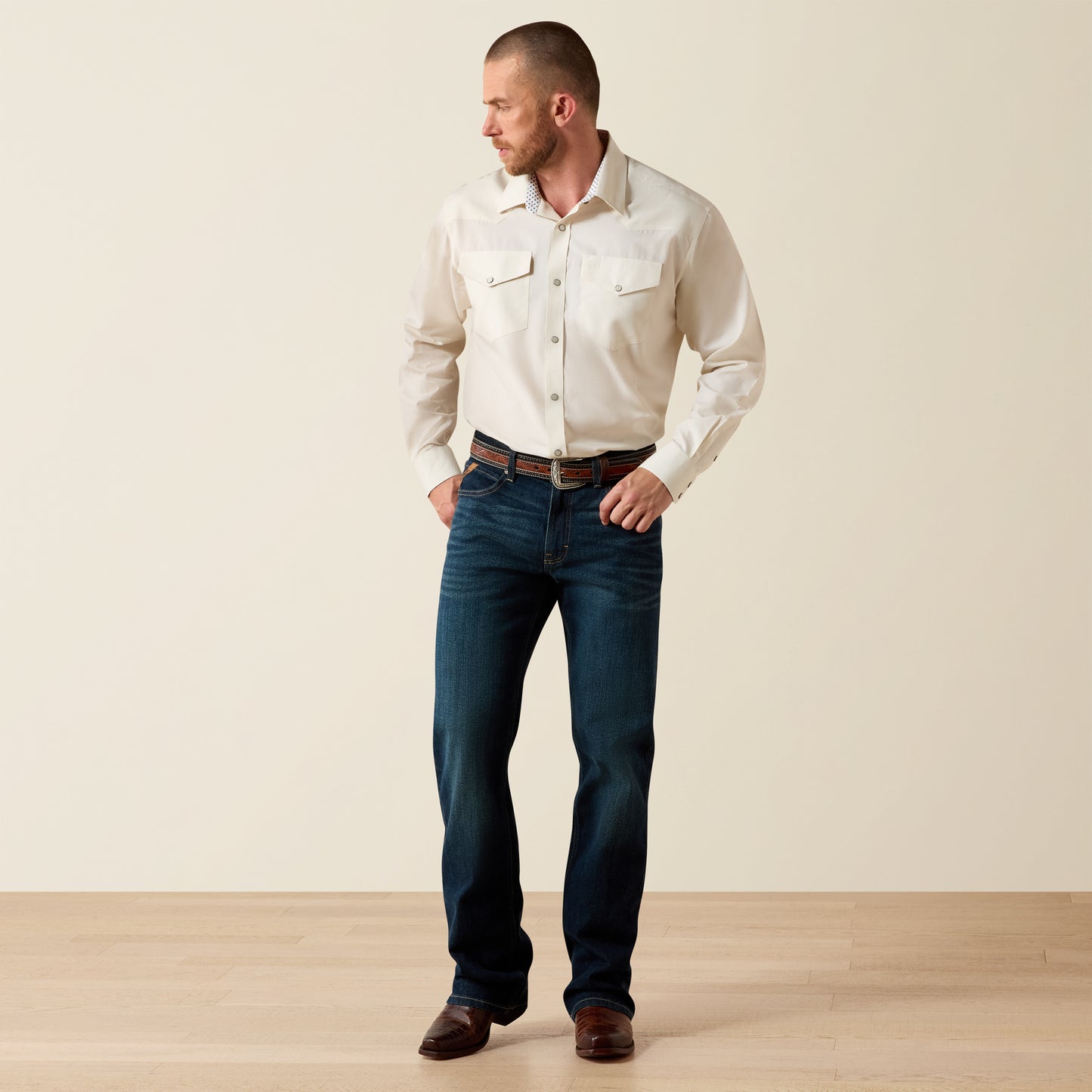 Ariat Men's Wrinkle Free Off White Pinpoint Oxford Western Shirt