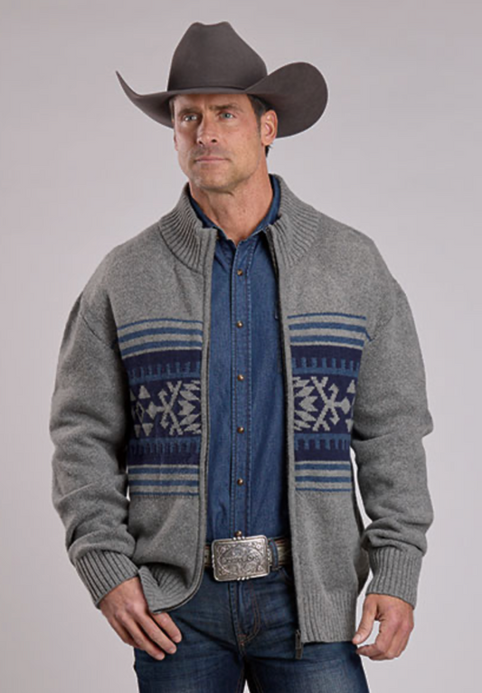 Stetson Men's Gray & Blue Aztec Full Zip Sweater