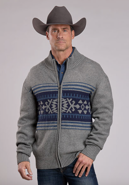 Stetson Men's Gray & Blue Aztec Full Zip Sweater