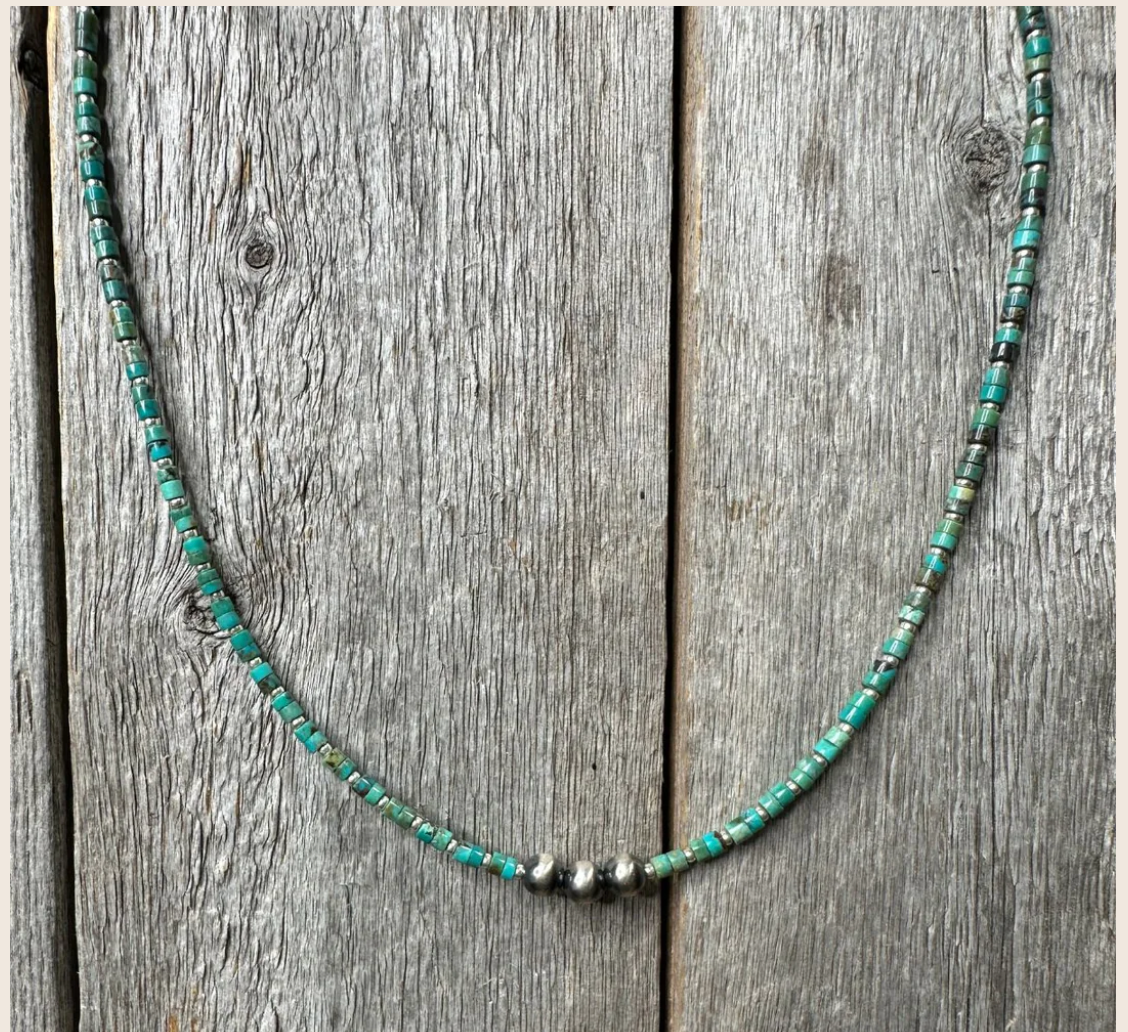 J.Forks Heishi Kingman Turquoise w/Navajo Pearls Necklace