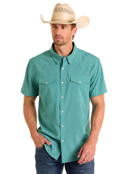 Panhandle Men's Performance Diamond Turquoise Short Sleeve Western Shirt