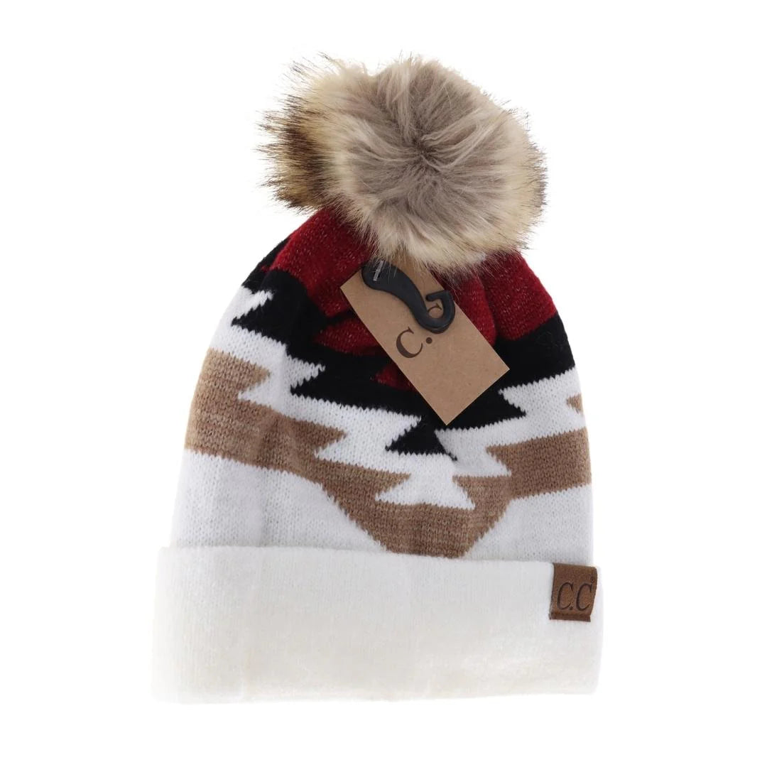 C.C Beanie Aztec Ivory Natural Faux Fur Pom Beanie