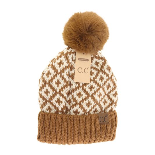 C.C Beanie Chocolate Brown Diamond Knit Faux Fur Pom Beanie