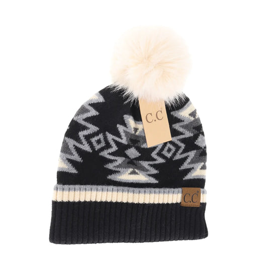 C.C Beanie Black Southwestern Faux Fur Pom Beanie