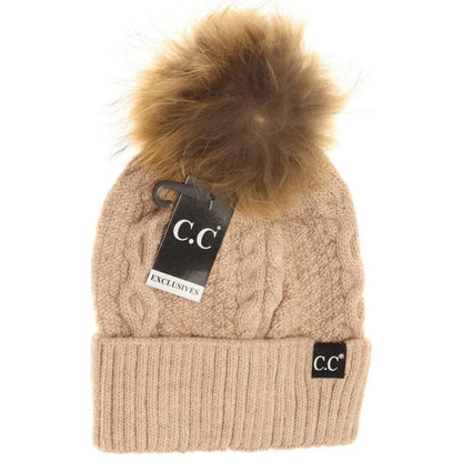 C.C Beanie Exclusive Black Label Ribbed Cuff Fur Pom Beanie