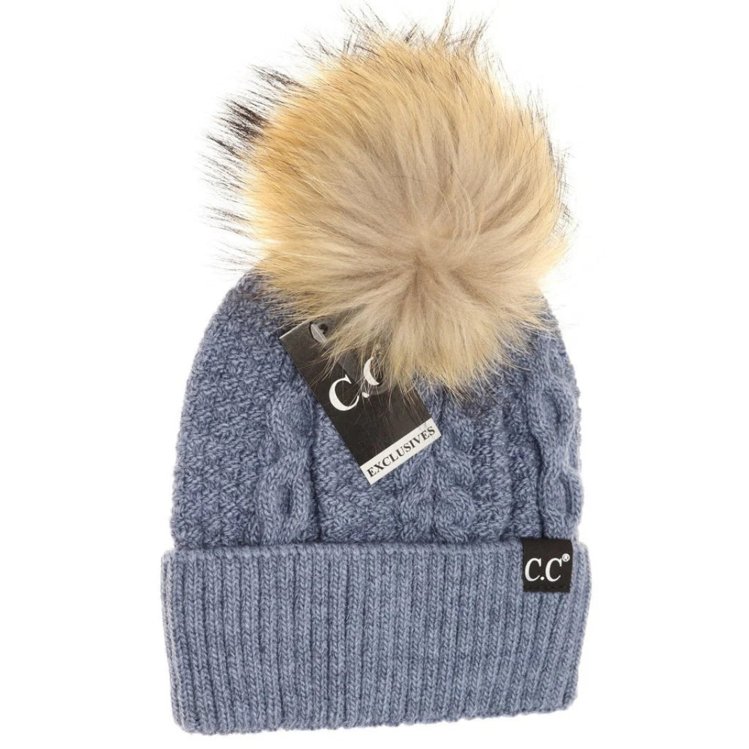 C.C Beanie Exclusive Black Label Ribbed Cuff Fur Pom Beanie