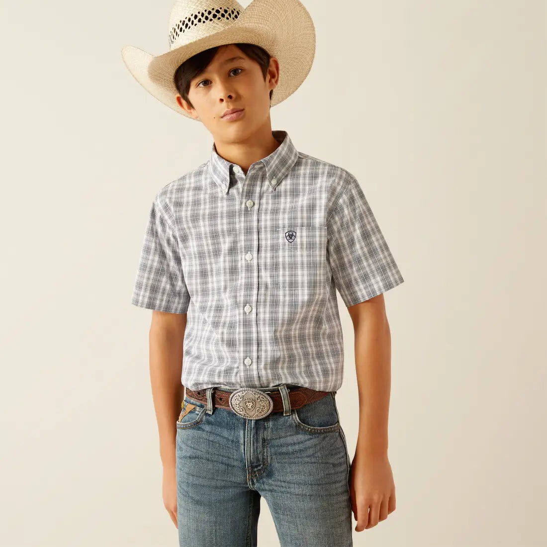 Ariat Boy’s Pro Series Navy Plaid Charlie Short Sleeve Western Shirt Boy’s Western