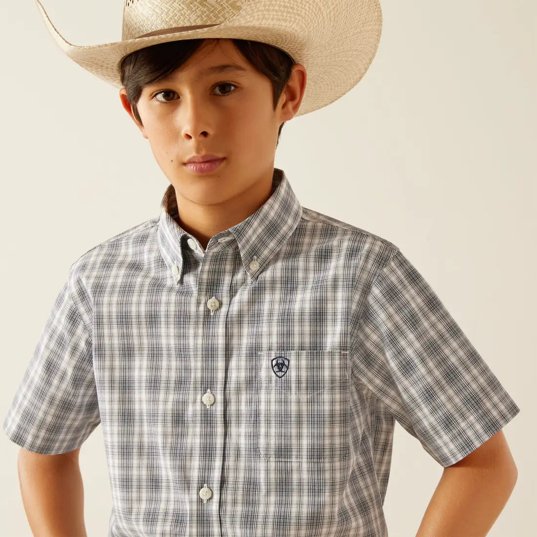Ariat Boy’s Pro Series Navy Plaid Charlie Short Sleeve Western Shirt XSmall Boy’s Western