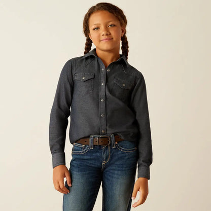 Ariat Girl’s Dark Denim Chambray Western Shirt XSmall Girl’s Western