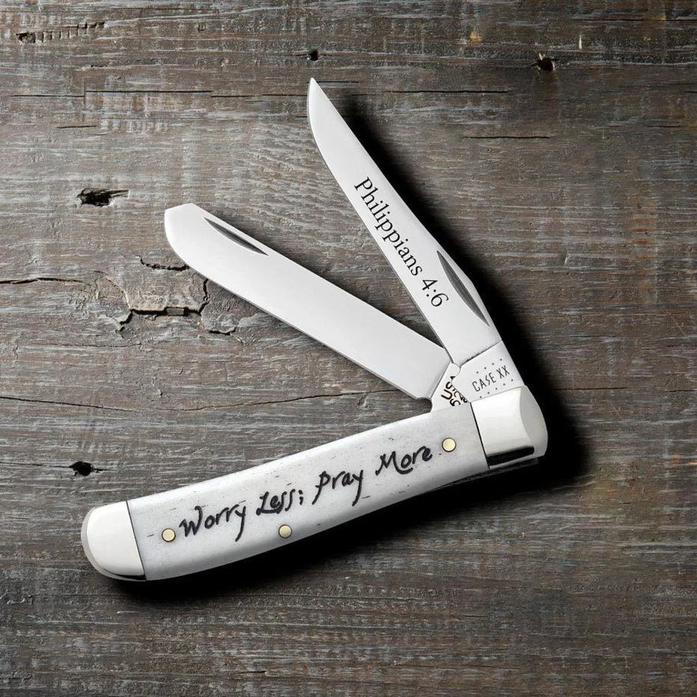 Case Worry Less, Pray More Embellished Smooth Natural Bone Mini Trapper Knife