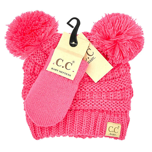C.C Beanie BABY Pom Pom Beanie and Mittens Set