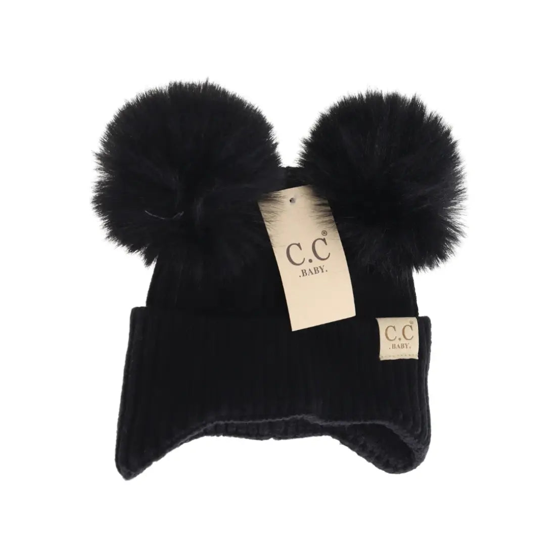 C.C Beanie BABY Ear Flap Double Pom Beanie Black Winter Hats