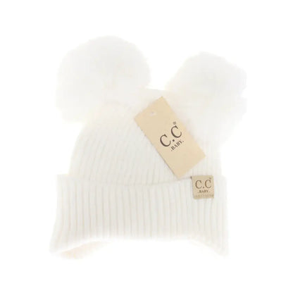 C.C Beanie BABY Ear Flap Double Pom Beanie Ivory Winter Hats