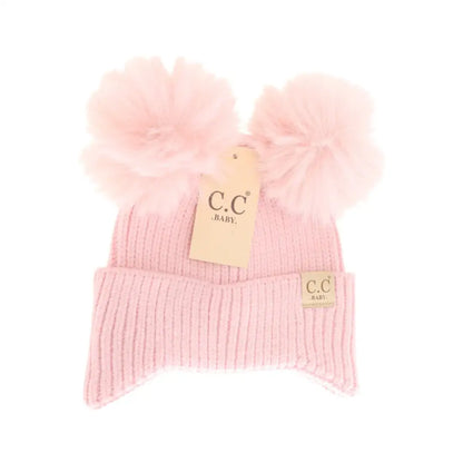 C.C Beanie BABY Ear Flap Double Pom Beanie Pink Winter Hats