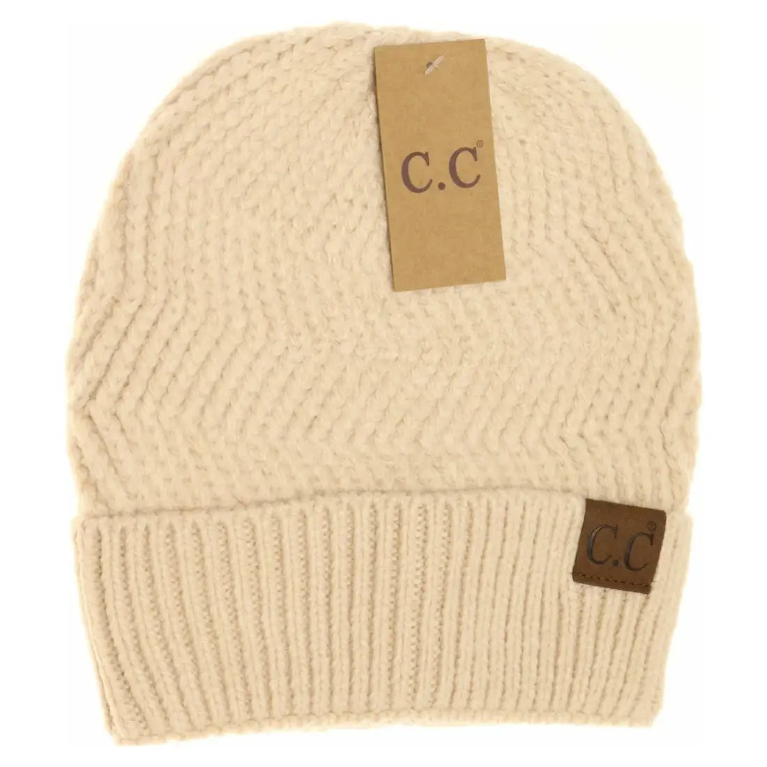 C.C Beanie Chevron Knit Cuff Beanie Beige Winter Hats