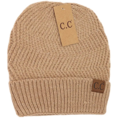 C.C Beanie Chevron Knit Cuff Beanie Taupe Winter Hats