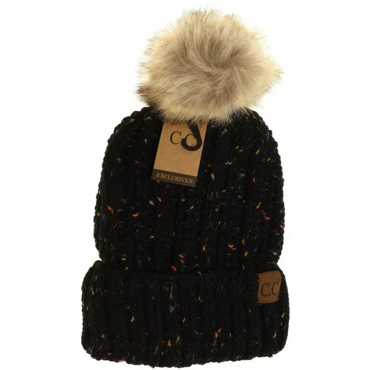 C.C Beanie Fuzzy Lined Flecked Fur Pom Beanie Black Winter Hats