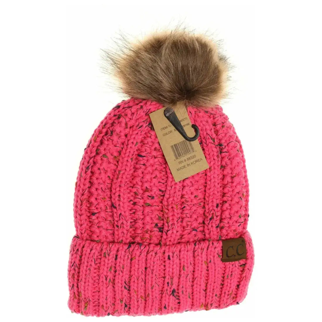 C.C Beanie Fuzzy Lined Flecked Fur Pom Beanie Bubble Gum Pink Winter Hats