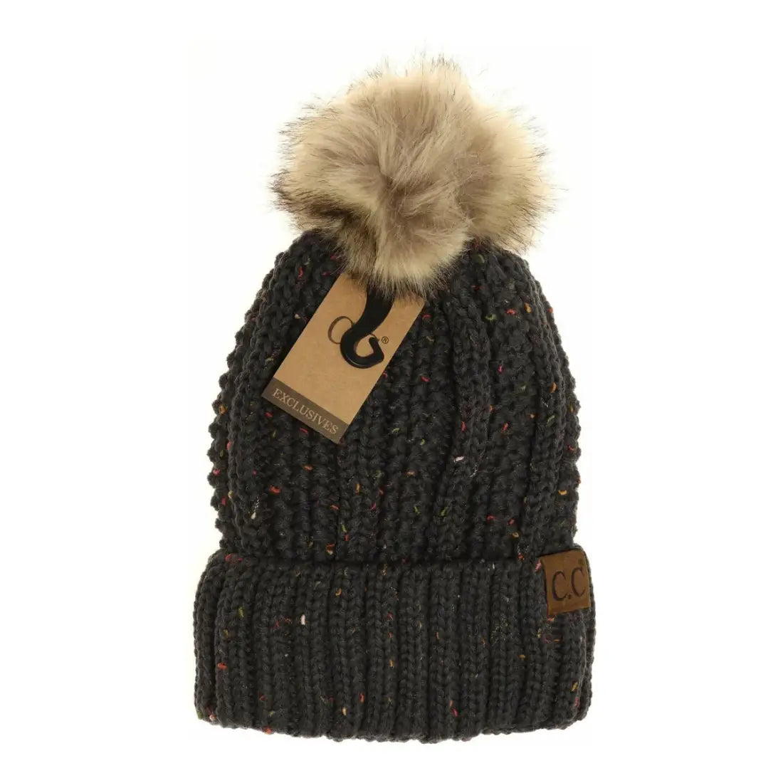C.C Beanie Fuzzy Lined Flecked Fur Pom Beanie Dark Grey Winter Hats