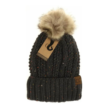 C.C Beanie Fuzzy Lined Flecked Fur Pom Beanie Dark Grey Winter Hats