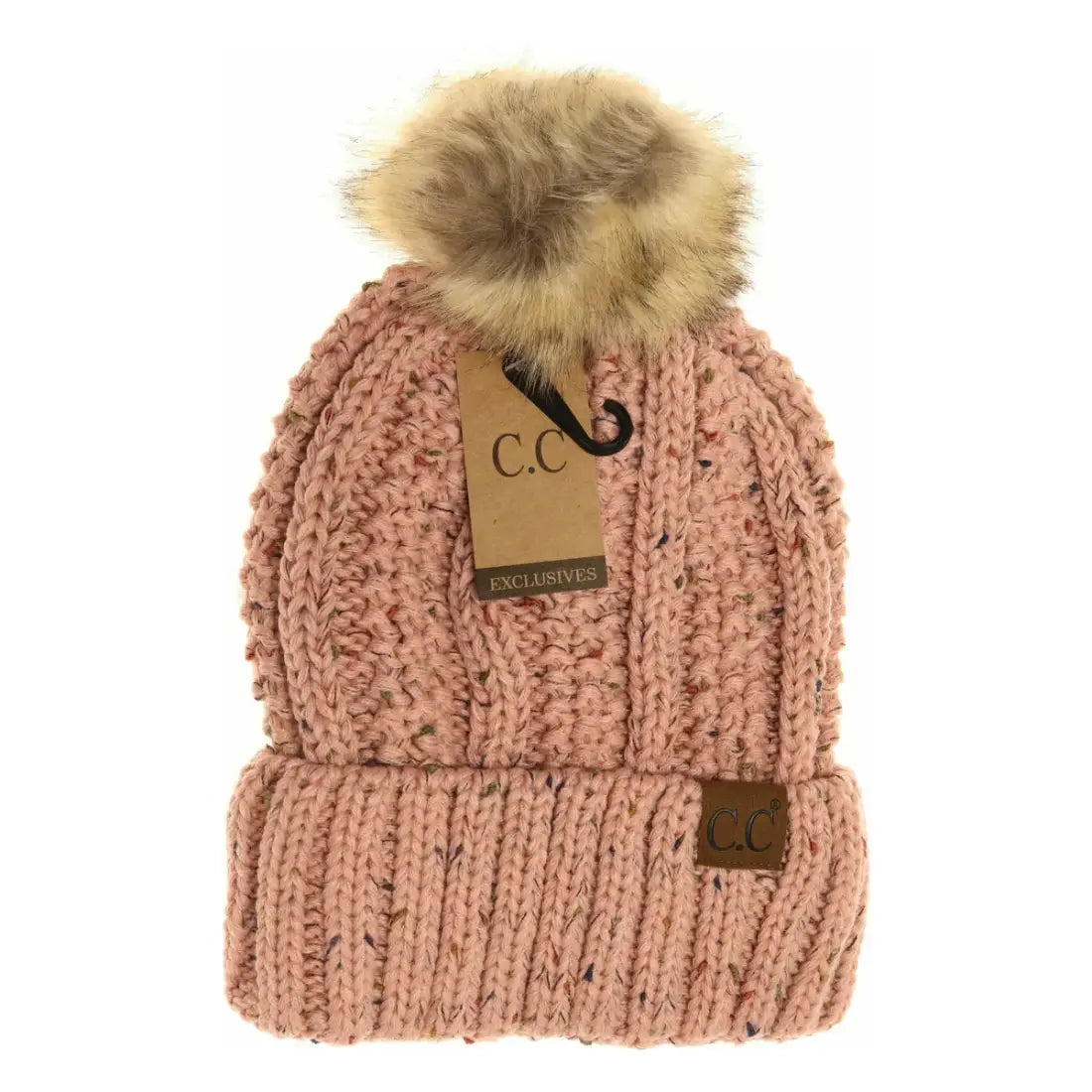C.C Beanie Fuzzy Lined Flecked Fur Pom Beanie Indie Pink Winter Hats