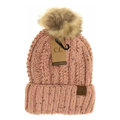 C.C Beanie Fuzzy Lined Flecked Fur Pom Beanie Indie Pink Winter Hats