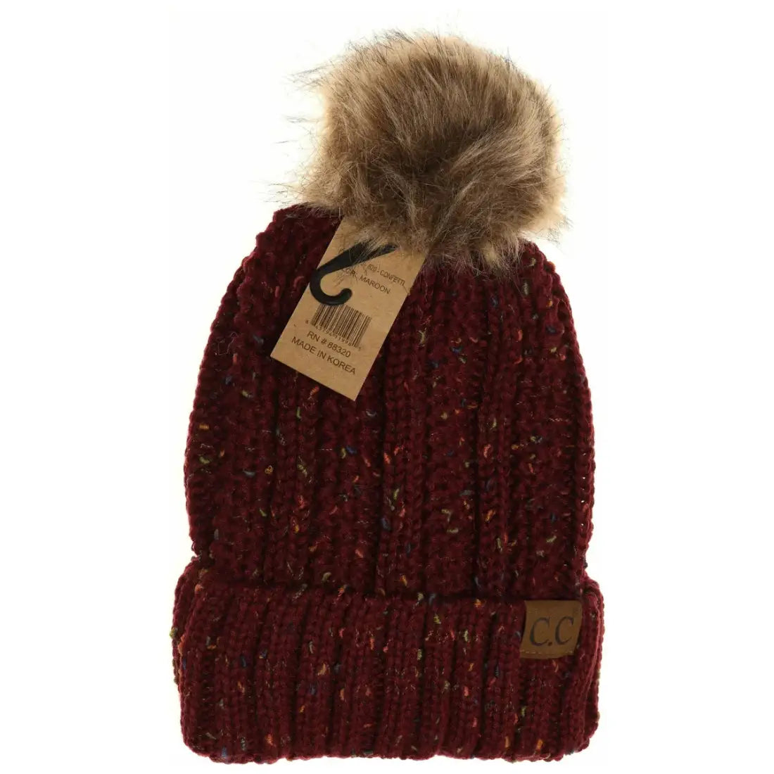 C.C Beanie Fuzzy Lined Flecked Fur Pom Beanie Maroon Winter Hats