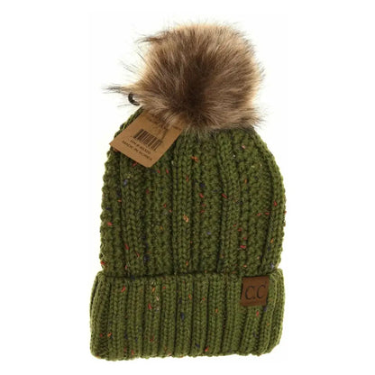 C.C Beanie Fuzzy Lined Flecked Fur Pom Beanie Olive Winter Hats