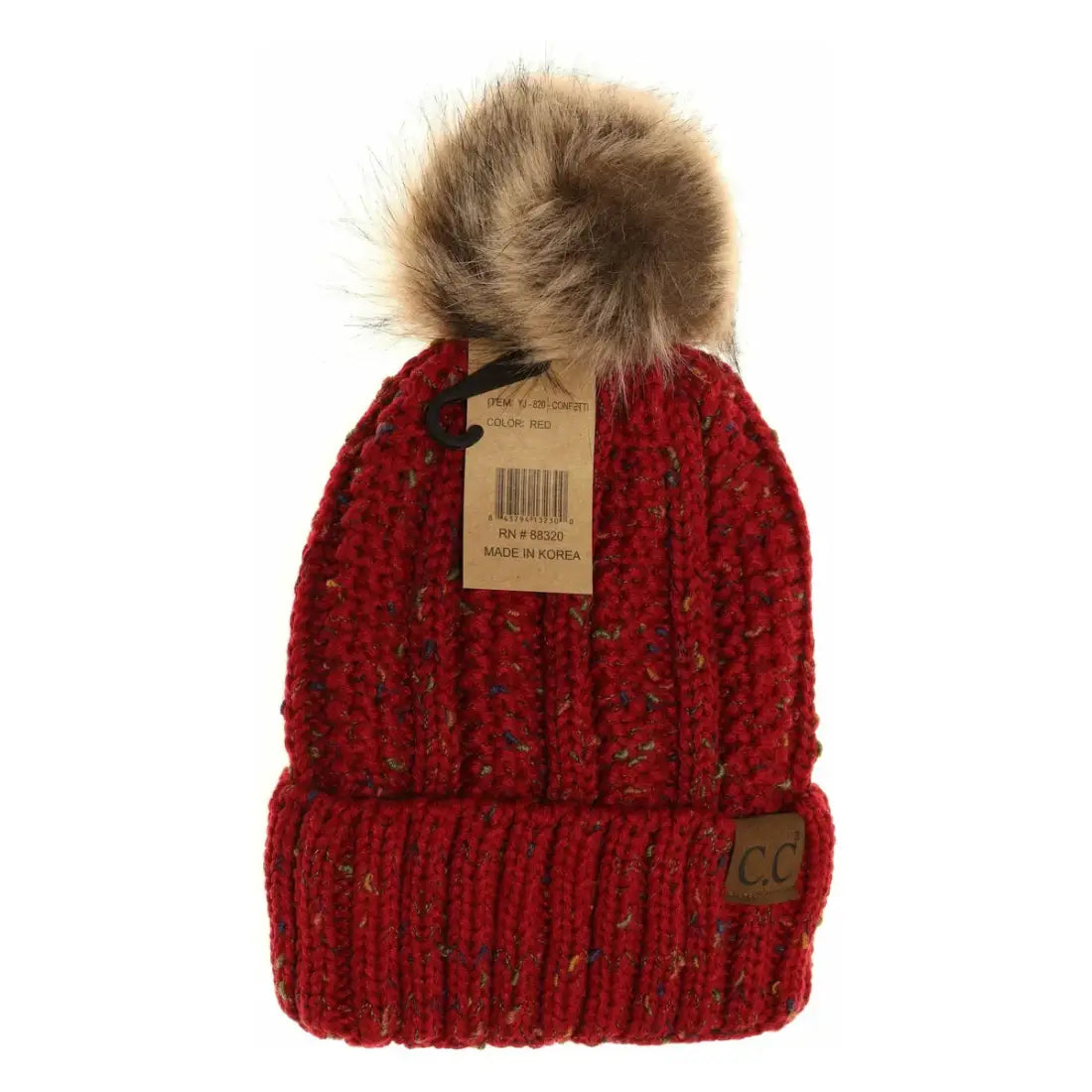 C.C Beanie Fuzzy Lined Flecked Fur Pom Beanie Red Winter Hats