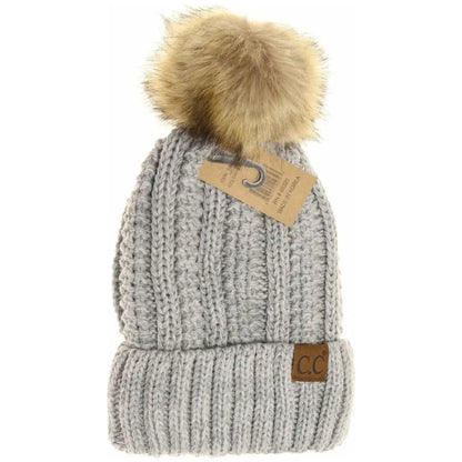C.C Beanie Fuzzy Lined Fur Pom Beanie #28 Grey Mix Winter Hats