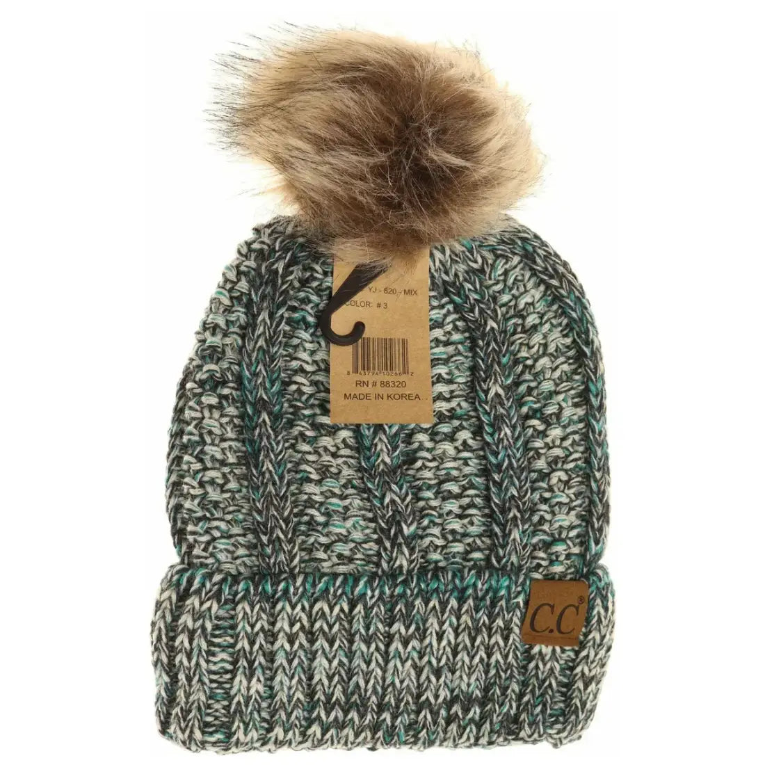 C.C Beanie Fuzzy Lined Fur Pom Beanie #3 Teal Mix Winter Hats