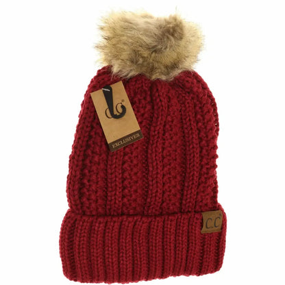 C.C Beanie Fuzzy Lined Fur Pom Beanie Burgundy Winter Hats