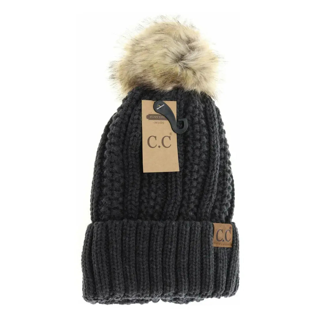 C.C Beanie Fuzzy Lined Fur Pom Beanie Charcoal Winter Hats
